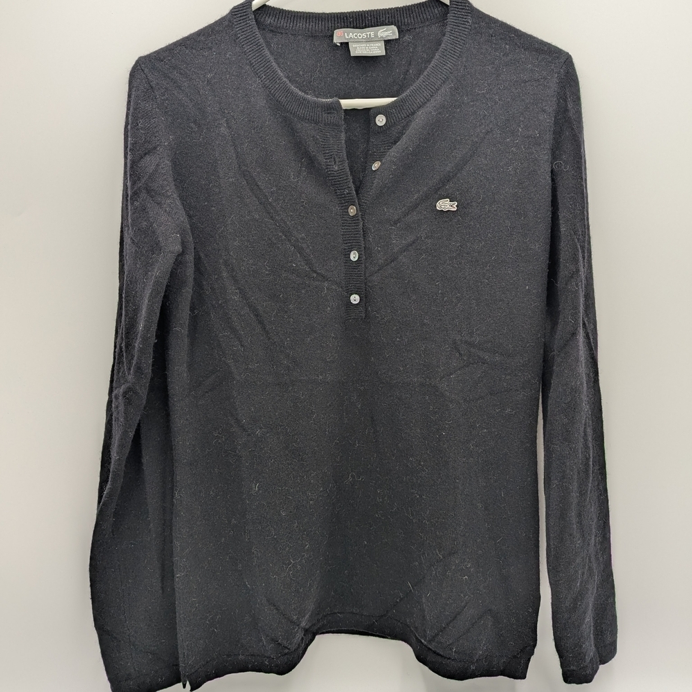 Lacoste Women 100% Cashmere Henley Black Old Money minimalist Luxury 44 Pullover